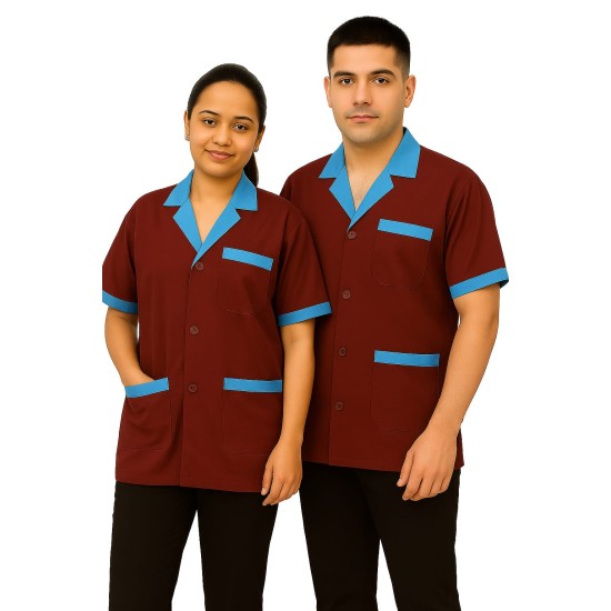 Hangerage Maroon Staff Apron | Unisex_3-Pocket Apron | Half Sleeves | V Neck | style with sky blue collar | Comfortable | Durable | Uniform for Medical Professionals (Staff & Nursing)