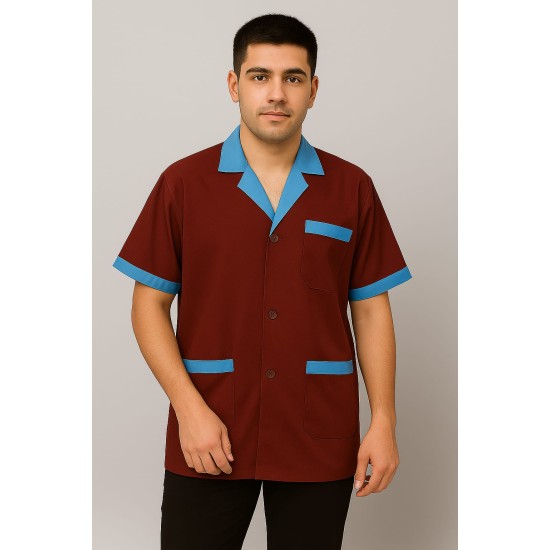 Hangerage Maroon Staff Apron | Unisex_3-Pocket Apron | Half Sleeves | V Neck | style with sky blue collar | Comfortable | Durable | Uniform for Medical Professionals (Staff & Nursing)