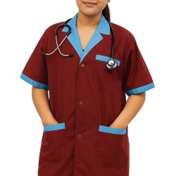Hangerage Maroon Staff Apron | Unisex_3-Pocket Apron | Half Sleeves | V Neck | style with sky blue collar | Comfortable | Durable | Uniform for Medical Professionals (Staff & Nursing)