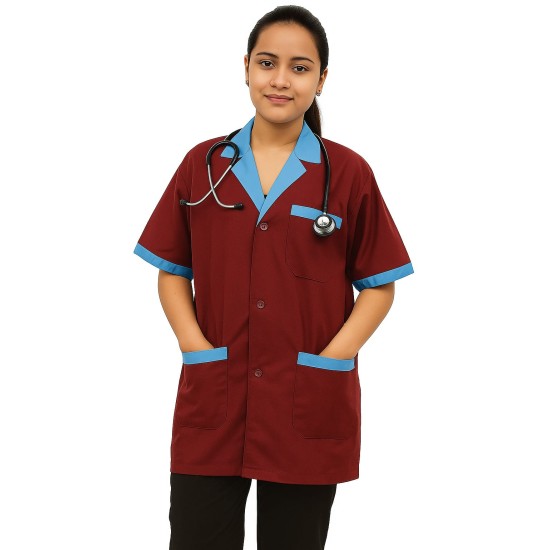 Hangerage Maroon Staff Apron | Unisex_3-Pocket Apron | Half Sleeves | V Neck | style with sky blue collar | Comfortable | Durable | Uniform for Medical Professionals (Staff & Nursing)