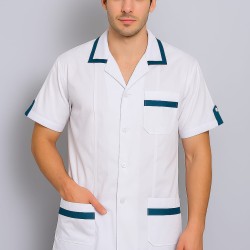 Hangerage White Staff Apron | Unisex_3-Pocket Apron | Half Sleeves | V Neck | style with Contrast sky blue Strip | Comfortable | Durable | Uniform for Medical Professionals (Staff & Nursing)