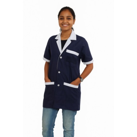 Hangerage Navy Staff Apron | Unisex_3-Pocket Apron | Half Sleeves | V Neck | style with White collar | Comfortable | Durable | Uniform for Medical Professionals (Staff & Nursing)
