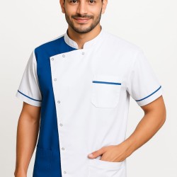 Hangerage  Dentist Apron - white and sky blue with sky blue pipine