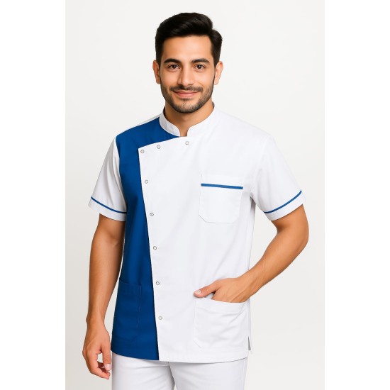 Hangerage  Dentist Apron - white and sky blue with sky blue pipine