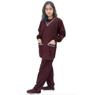 DOCTOR SCRUB SUIT -  MAROON COLOR | V  NECK | Ribbed Full Sleeves | UNISEX PATTERN | STYLE WITH WHITE PIPINE| RIBBED SLEEVES