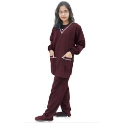 DOCTOR SCRUB SUIT -  MAROON COLOR | V  NECK | Ribbed Full Sleeves | UNISEX PATTERN | STYLE WITH WHITE PIPINE| RIBBED SLEEVES