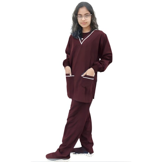 DOCTOR SCRUB SUIT -  MAROON COLOR | V  NECK | Ribbed Full Sleeves | UNISEX PATTERN | STYLE WITH WHITE PIPINE| RIBBED SLEEVES