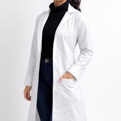 Women's Professional White Over coat | Full Sleeves | Calf Length | Notch Collar with Pockets for Doctors, Medical Staff, Laboratory Workers | Sizes (S-2XL)