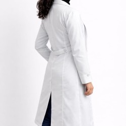 Women's Professional White Over coat | Full Sleeves | Calf Length | Notch Collar with Pockets for Doctors, Medical Staff, Laboratory Workers | Sizes (S-2XL)