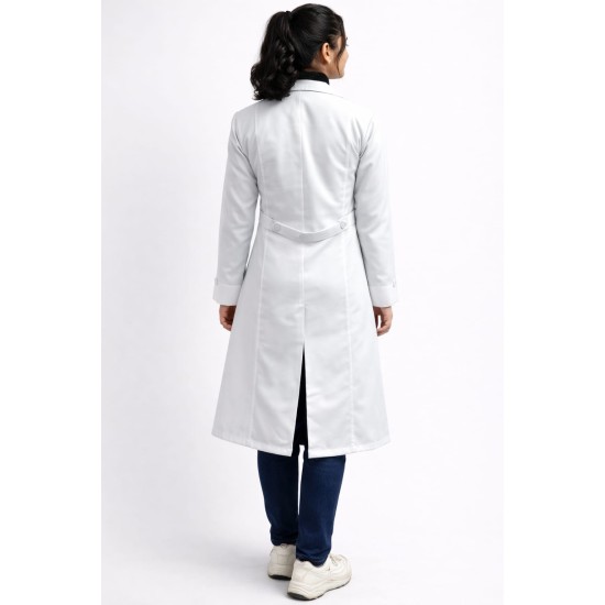 Women's Professional White Over coat | Full Sleeves | Calf Length | Notch Collar with Pockets for Doctors, Medical Staff, Laboratory Workers | Sizes (S-2XL)