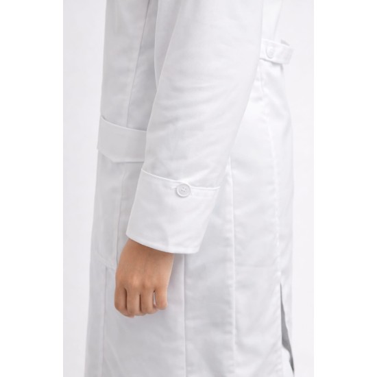 Women's Professional White Over coat | Full Sleeves | Calf Length | Notch Collar with Pockets for Doctors, Medical Staff, Laboratory Workers | Sizes (S-2XL)