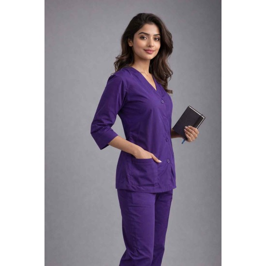 Hangerage Elite Purple Medical Scrub Set for Women – Polycotton Fabric | Comfortable | V-Neck Top & Touser | Soft Breathable Fabric, Professional Workwear