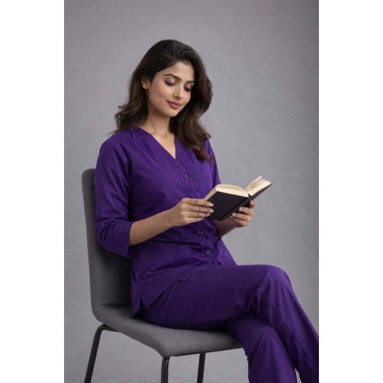 Hangerage Elite Purple Medical Scrub Set for Women – Polycotton Fabric | Comfortable | V-Neck Top & Touser | Soft Breathable Fabric, Professional Workwear
