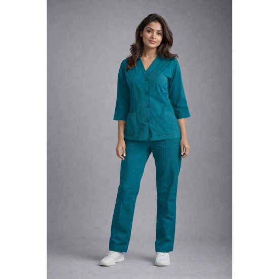 Hangerage Elite Teel Blue Medical Scrub Set for Women – Polycotton Fabric | Comfortable | V-Neck Top & Touser | Soft Breathable Fabric, Professional Workwear