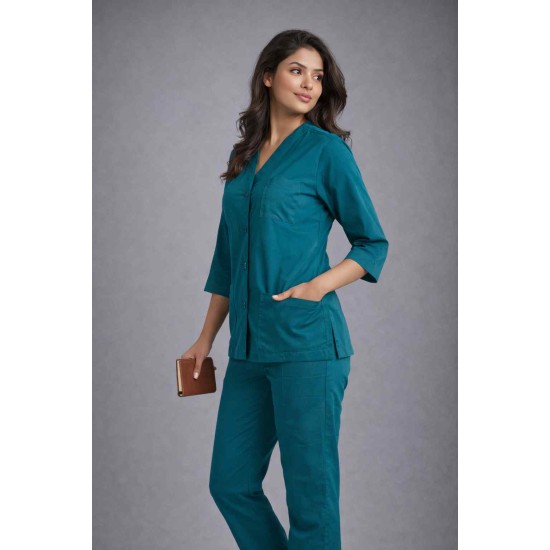 Hangerage Elite Teel Blue Medical Scrub Set for Women – Polycotton Fabric | Comfortable | V-Neck Top & Touser | Soft Breathable Fabric, Professional Workwear