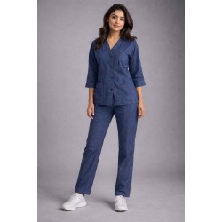 Hangerage Elite Denim Medical Scrub Set for Women – Polycotton Fabric | Comfortable | V-Neck Top & Touser | Soft Breathable Fabric, Professional Workwear