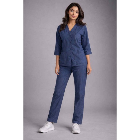 Hangerage Elite Denim Medical Scrub Set for Women – Polycotton Fabric | Comfortable | V-Neck Top & Touser | Soft Breathable Fabric, Professional Workwear
