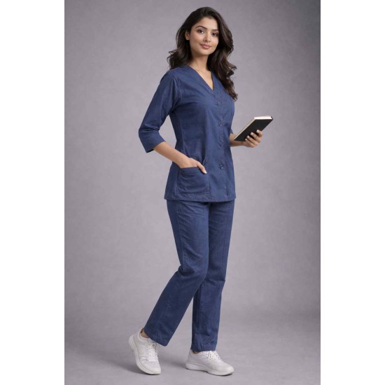 Hangerage Elite Denim Medical Scrub Set for Women – Polycotton Fabric | Comfortable | V-Neck Top & Touser | Soft Breathable Fabric, Professional Workwear