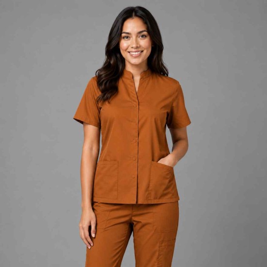  Hangerage Female  Scrub Suit | Mandarian Collar | Front Open | Rust Color | Stylish, Comfortable | Ideal For Health care Professionals | Sizes XS - 2XL