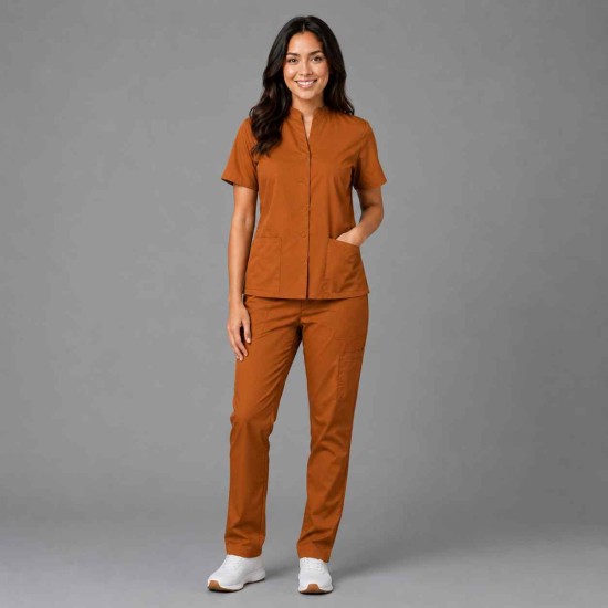  Hangerage Female  Scrub Suit | Mandarian Collar | Front Open | Rust Color | Stylish, Comfortable | Ideal For Health care Professionals | Sizes XS - 2XL
