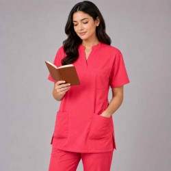  Hangerage Premium Female Scrub Suit | Mandarian Collar | Coral Pink Color | Stylish, Comfortable | Ideal For Health care Professionals | Sizes XS- 2XL