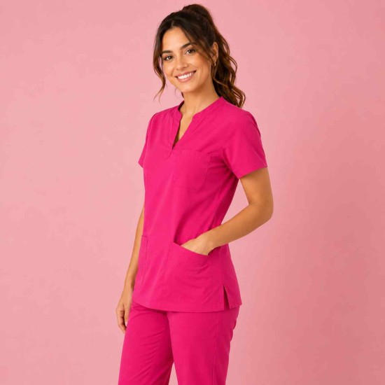  Hangerage Premium Female Scrub Suit | Mandarian Collar | Fuchsia Pink Color | Stylish, Comfortable | Ideal For Health care Professionals | Sizes XS- 2XL