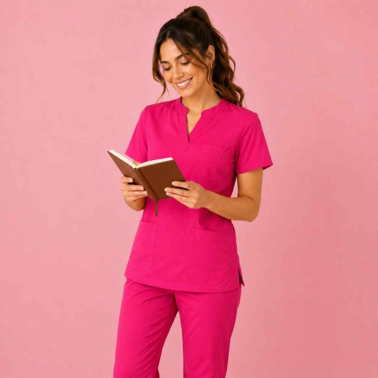  Hangerage Premium Female Scrub Suit | Mandarian Collar | Fuchsia Pink Color | Stylish, Comfortable | Ideal For Health care Professionals | Sizes XS- 2XL
