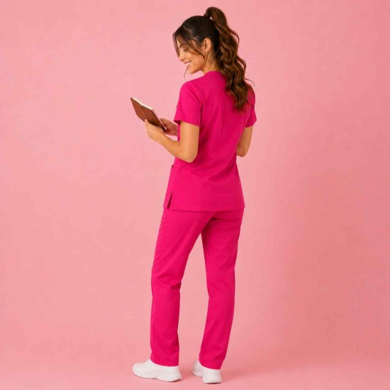  Hangerage Premium Female Scrub Suit | Mandarian Collar | Fuchsia Pink Color | Stylish, Comfortable | Ideal For Health care Professionals | Sizes XS- 2XL