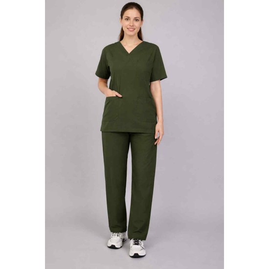 Premium Female Olive Green Scrub Suits | V Neck | Polycotton, Stylish, Comfortable | Half Sleeves | Ideal For Health care Professionals | Sizes XS-2XL