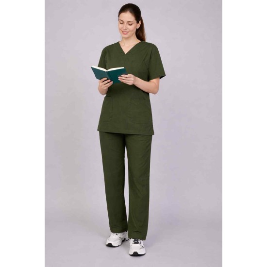 Premium Female Olive Green Scrub Suits | V Neck | Polycotton, Stylish, Comfortable | Half Sleeves | Ideal For Health care Professionals | Sizes XS-2XL