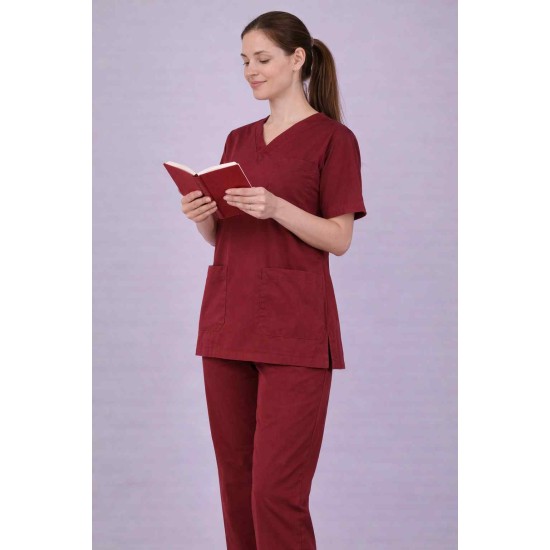Premium Female Maroon Scrub Suits | V Neck | Polycotton, Stylish, Comfortable | Half Sleeves | Ideal For Health care Professionals | Sizes XS-2XL