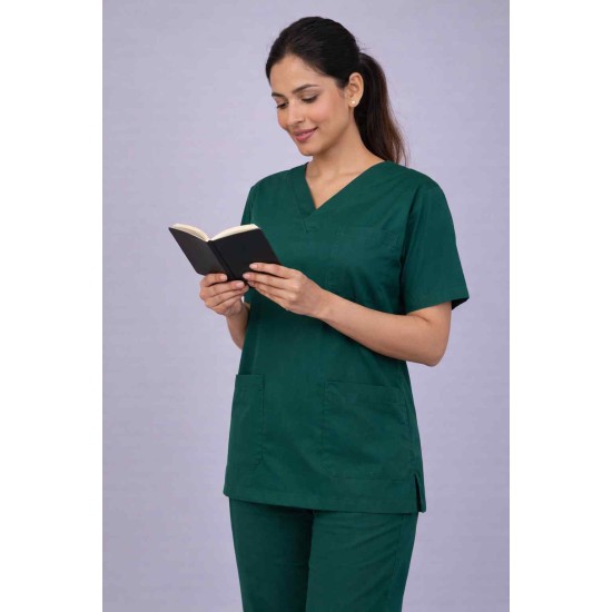 Premium Female Bottle Green Scrub Suits | V Neck | Polycotton, Stylish, Comfortable | Half Sleeves | Ideal For Health care Professionals | Sizes XS-2XL