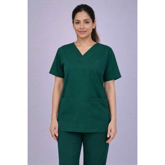 Premium Female Bottle Green Scrub Suits | V Neck | Polycotton, Stylish, Comfortable | Half Sleeves | Ideal For Health care Professionals | Sizes XS-2XL