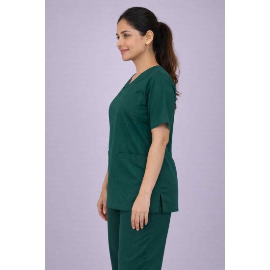 Premium Female Bottle Green Scrub Suits | V Neck | Polycotton, Stylish, Comfortable | Half Sleeves | Ideal For Health care Professionals | Sizes XS-2XL