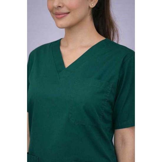 Premium Female Bottle Green Scrub Suits | V Neck | Polycotton, Stylish, Comfortable | Half Sleeves | Ideal For Health care Professionals | Sizes XS-2XL