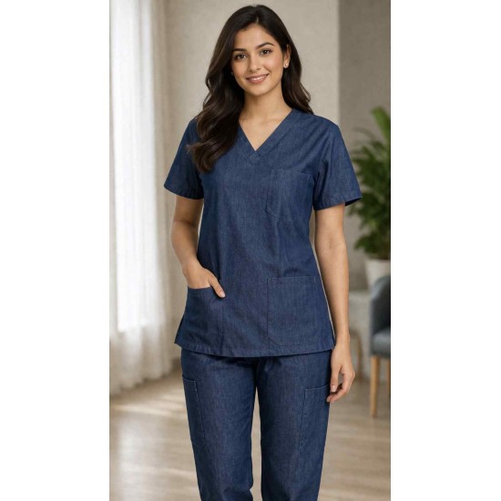 Hangerage Premium Female Denim Scrub Set | V-Neck Top with 3-Pockets | Ideal for doctors, dentists, vets, nurses & healthcare professionals