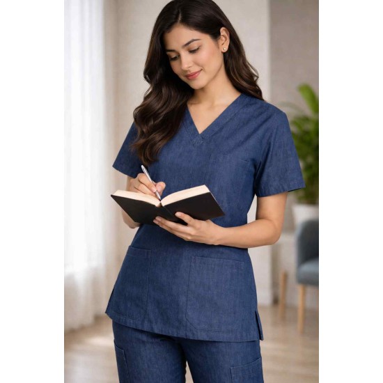 Hangerage Premium Female Denim Scrub Set | V-Neck Top with 3-Pockets | Ideal for doctors, dentists, vets, nurses & healthcare professionals