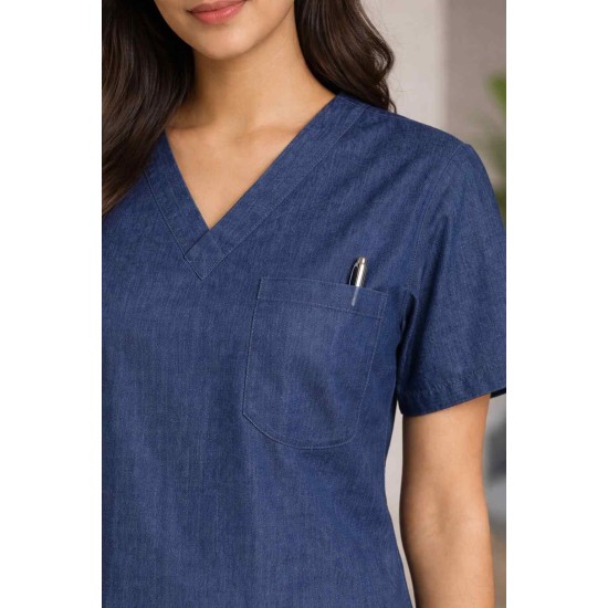 Hangerage Premium Female Denim Scrub Set | V-Neck Top with 3-Pockets | Ideal for doctors, dentists, vets, nurses & healthcare professionals