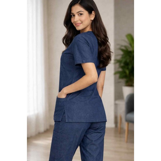 Hangerage Premium Female Denim Scrub Set | V-Neck Top with 3-Pockets | Ideal for doctors, dentists, vets, nurses & healthcare professionals