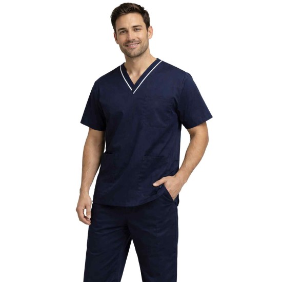  Hangerage Male Navy Blue Scrub Suit | V Neck | Style with white pipine | Comfortable | Half  Sleeves | Ideal For Health care Professionals | Sizes S - XXL
