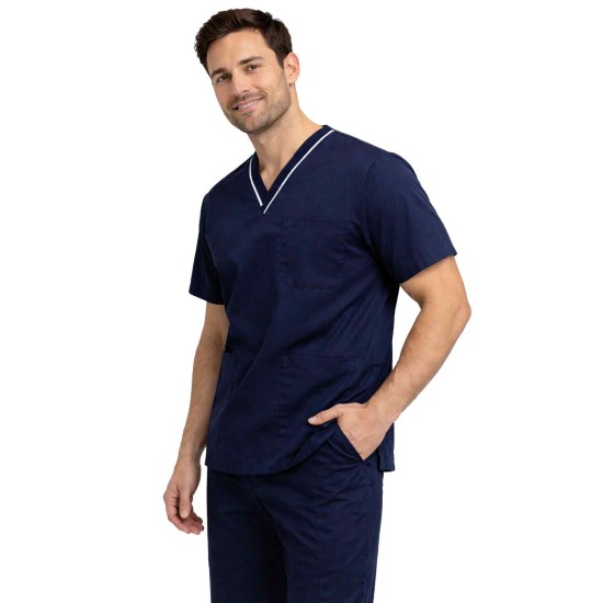  Hangerage Male Navy Blue Scrub Suit | V Neck | Style with white pipine | Comfortable | Half  Sleeves | Ideal For Health care Professionals | Sizes S - XXL