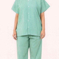 Hangerage Patient Kurta Pajama Set | Green Checkered Cotton | V-Neck Front Open | Free Size