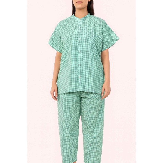 Hangerage Patient Kurta Pajama Set | Green Checkered Cotton | V-Neck Front Open | Free Size