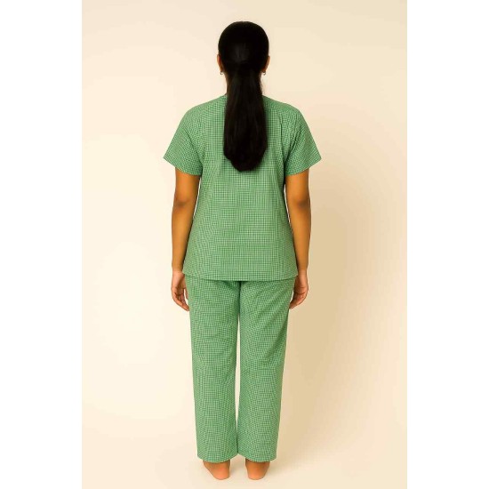Hangerage Patient Kurta Pajama Set | Green Checkered Cotton | V-Neck with Tie-Up | Front Open | Free Size