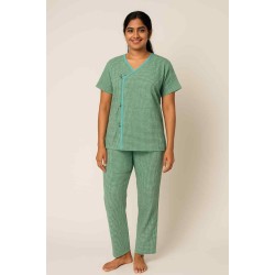 Hangerage Patient Kurta Pajama Set | Green Checkered Cotton | V-Neck with Tie-Up | Front Open | Free Size