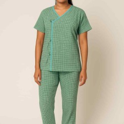 Hangerage Patient Kurta Pajama Set | Green Checkered Cotton | V-Neck with Tie-Up | Front Open | Free Size