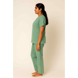 Hangerage Patient Kurta Pajama Set | Green Checkered Cotton | V-Neck with Tie-Up | Front Open | Free Size