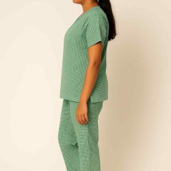 Hangerage Patient Kurta Pajama Set | Green Checkered Cotton | V-Neck with Tie-Up | Front Open | Free Size