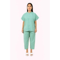 Hangerage Patient Kurta Pajama Set | Green Checkered Cotton | V-Neck Front Open | Free Size