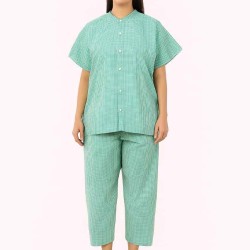 Hangerage Patient Kurta Pajama Set | Green Checkered Cotton | V-Neck Front Open | Free Size